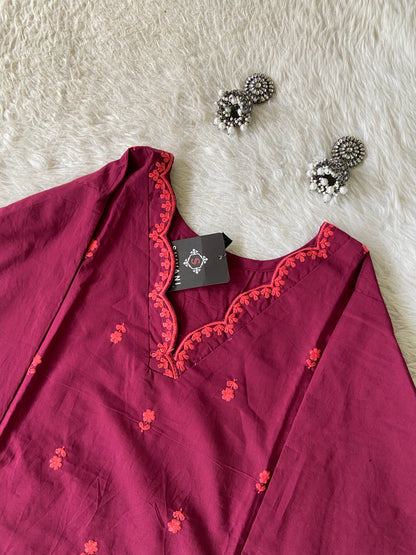 Embroidery Work Cotton Aline Kurti And Palazzo. Cotton Aline Kurti Sets For Women Online India. Shop the Latest Festive Summer Collection at Shivani Designer Kurti.