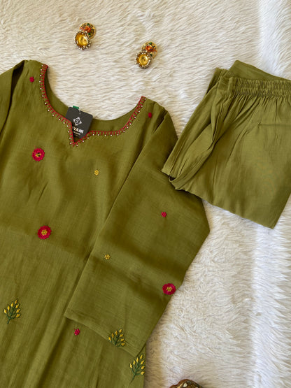 Flower Embroidery Work Coral Silk Aline Kurti With Palazzo And Dupatta. Silk Suit Sets For Women Online India. Shop the Latest Festive Summer Collection at Shivani Designer Kurti.