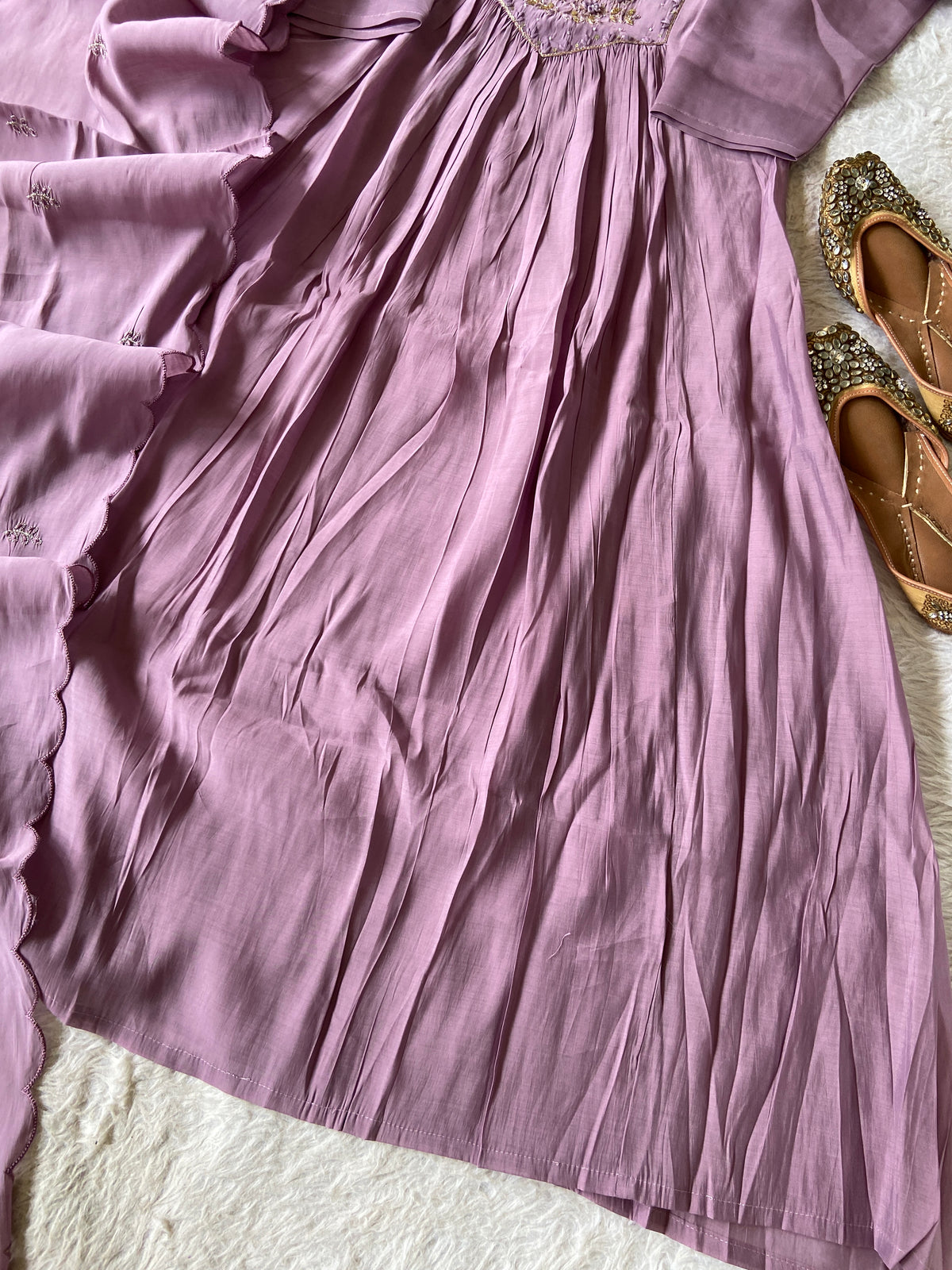 Hand Work Neck, Mul Chanderi Aline Kurti With Palazzo And Dupatta. Silk Suit Sets For Women Online India. Shop the Latest Festive Summer Collection at Shivani Designer Kurti.