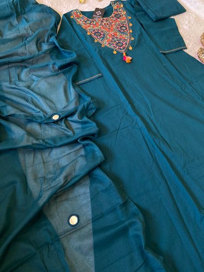 Embroidery Work Cotton Aline Kurti, Pant And Dupatta. Cotton Suit Sets For Women Online India. Shop the Latest Festive Summer Collection at Shivani Designer Kurti.