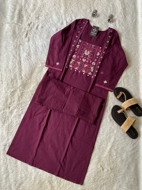 Handwork in Neck Cotton Straight Kurti With Palazzo. Cotton Straight Kurti Sets For Women Online India. Shop the Latest Festive Summer Collection at Shivani Designer Kurti.