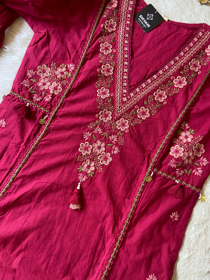 Embroidery Work Cotton Aline Kurti, Pant And Dupatta. Cotton Suit Sets For Women Online India. Shop the Latest Festive Summer Collection at Shivani Designer Kurti.