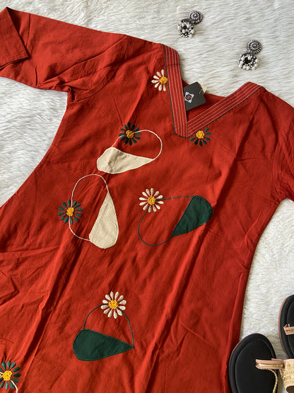 Cotton Aline Kurti With Aplic Work And Embroidery Work With Palazzo (Gamthi Pair). Cotton Aline Kurti Sets For Women Online India. Shop the Latest Festive Summer Collection at Shivani Designer Kurti.