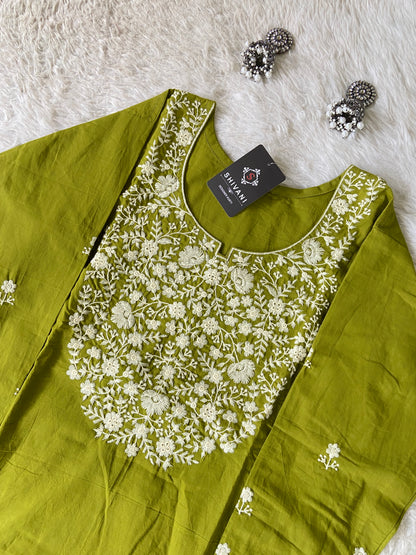 Embroidery Work Cotton Aline Kurti And Palazzo. Cotton Aline Kurti Sets For Women Online India. Shop the Latest Festive Summer Collection at Shivani Designer Kurti.