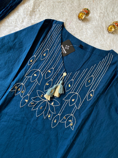 Flower Embroidery Work Cotton Straight Kurti, Pant And Dupatta. Cotton Suit Sets For Women Online India. Shop the Latest Festive Summer Collection at Shivani Designer Kurti.