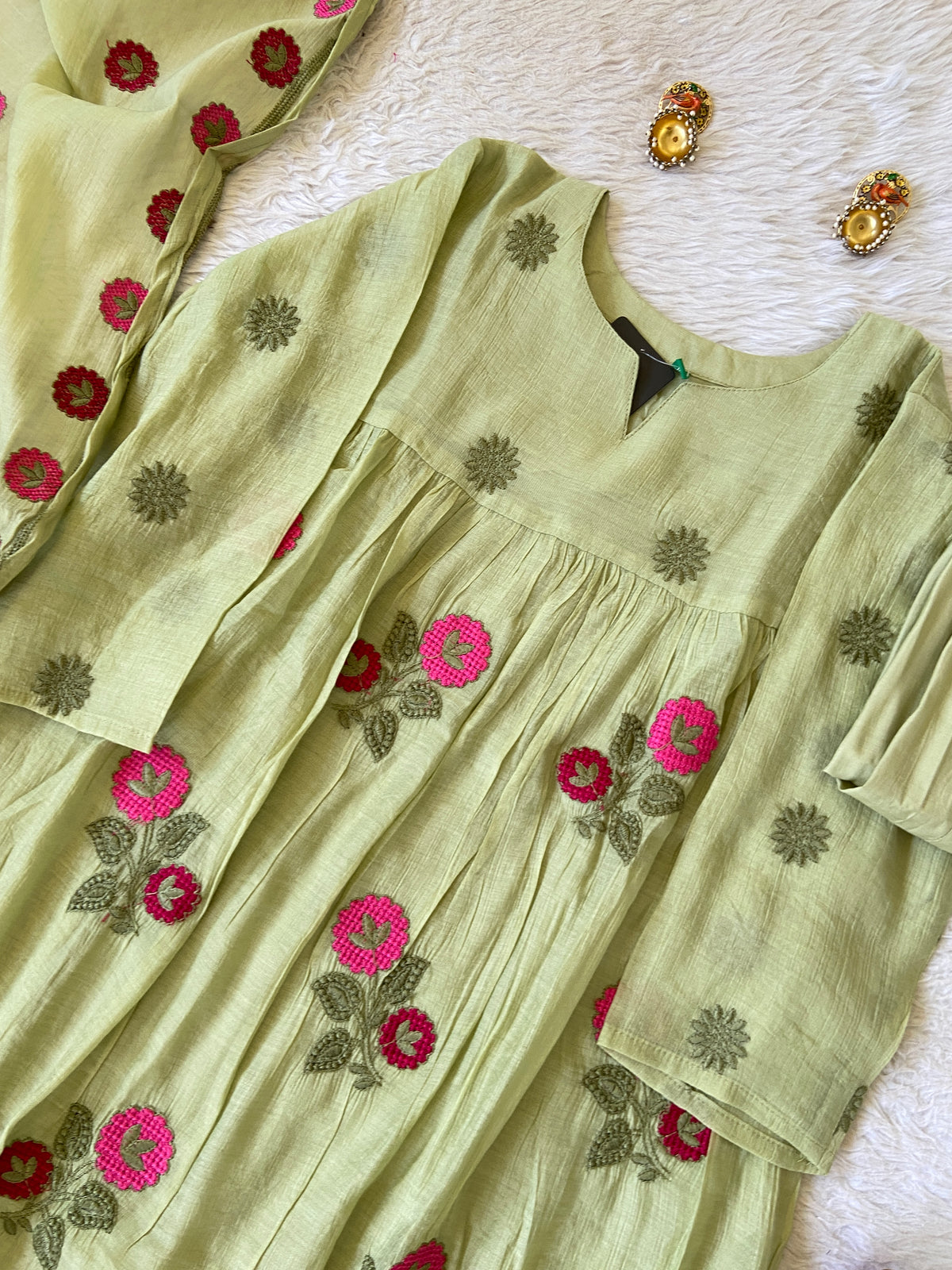 Flower Embroidery Work Coral Silk Aline Kurti With Palazzo And Dupatta. Silk Suit Sets For Women Online India. Shop the Latest Festive Summer Collection at Shivani Designer Kurti.