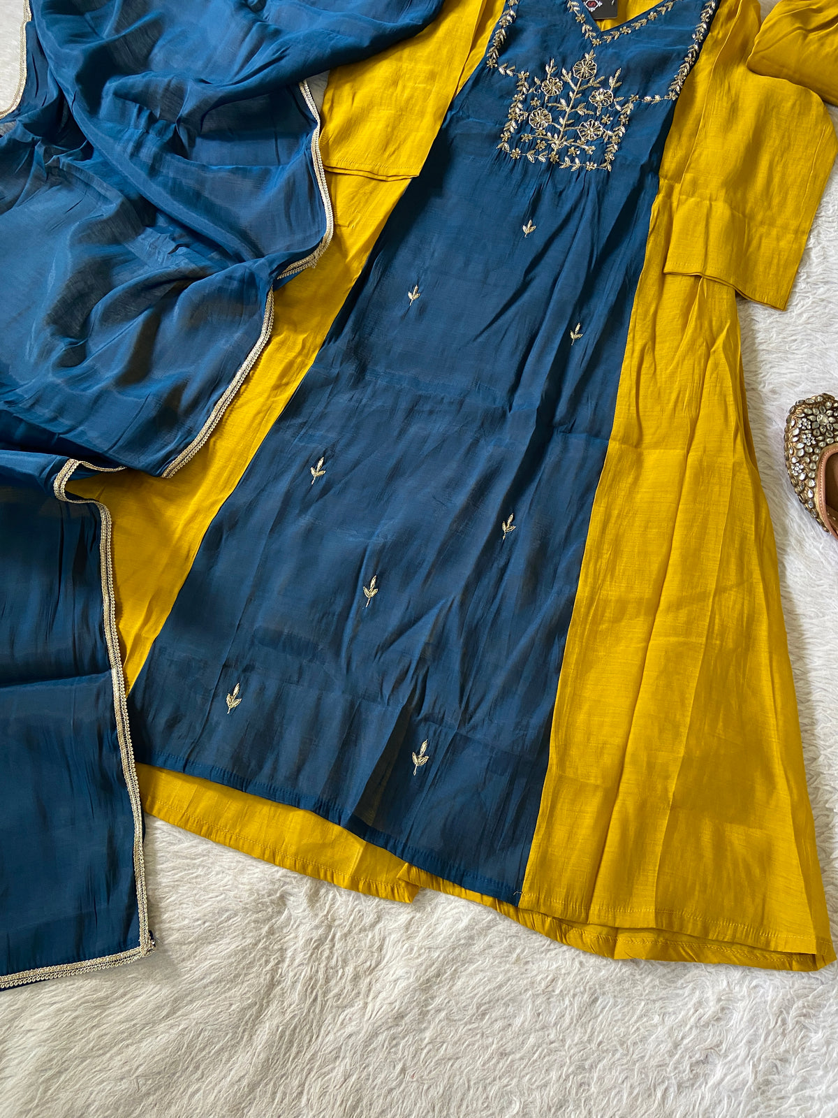 Hand Work Aline Kurti With Palazzo And Dupatta. Silk Suit Sets For Women Online India. Shop the Latest Festive Summer Collection at Shivani Designer Kurti.