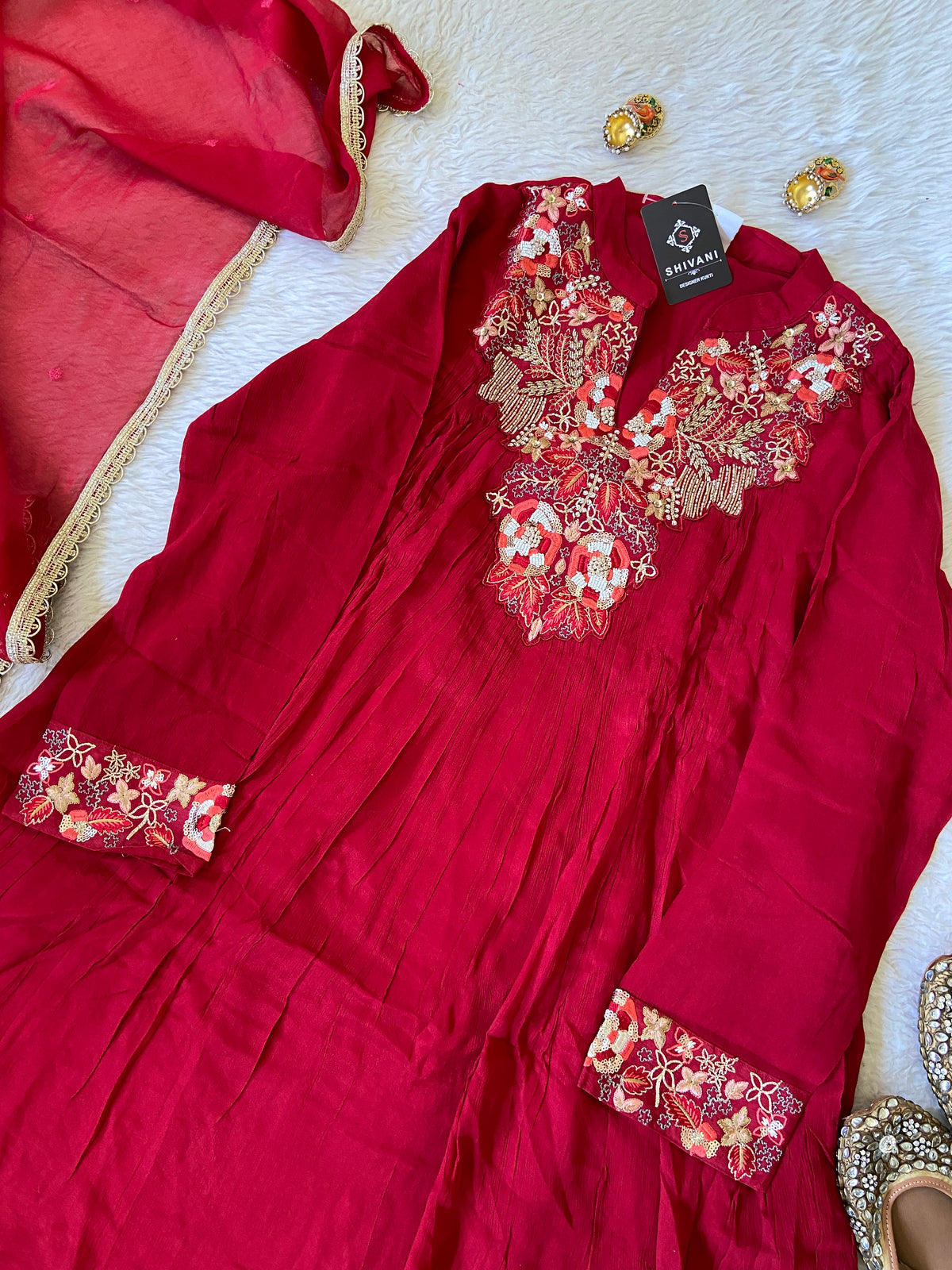 Premium Short Kurti Suit. Full Sleeve Chinnon Short Kurti With Full Flair Palazzo And Dupatta. Silk Suit Sets For Women Online India. Shop the Latest Festive Summer Collection at Shivani Designer Kurti.