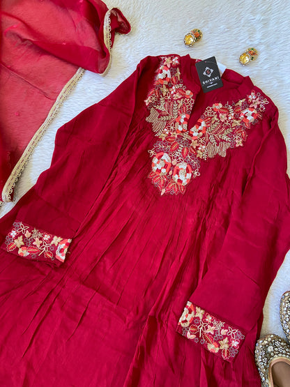 Premium Short Kurti Suit. Full Sleeve Chinnon Short Kurti With Full Flair Palazzo And Dupatta. Silk Suit Sets For Women Online India. Shop the Latest Festive Summer Collection at Shivani Designer Kurti.
