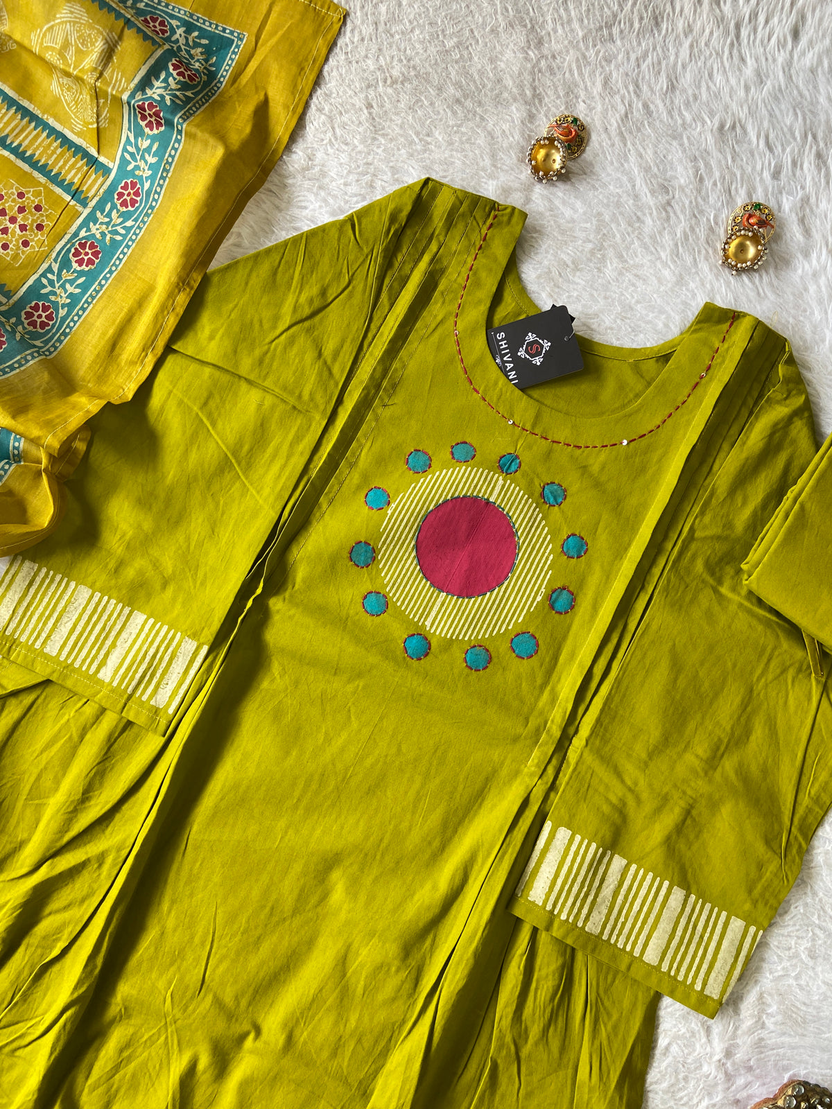 Block Print Cotton Aline Kurti, Palazzo And Printed Dupatta (Gamthi Suit). Cotton Suits Sets For Women Online India. Shop the Latest Festive Summer Collection at Shivani Designer Kurti.