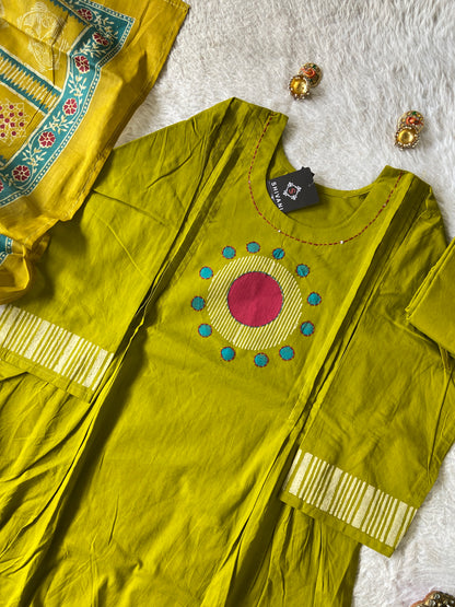 Block Print Cotton Aline Kurti, Palazzo And Printed Dupatta (Gamthi Suit). Cotton Suits Sets For Women Online India. Shop the Latest Festive Summer Collection at Shivani Designer Kurti.