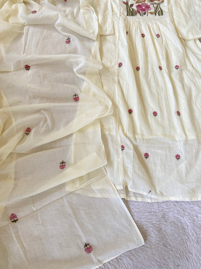 Flower Embroidery Work Cotton Aline Kurti, Pant And Dupatta. Cotton Suit Sets For Women Online India. Shop the Latest Festive Summer Collection at Shivani Designer Kurti.