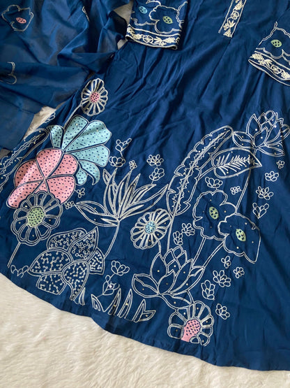 Aline Kurti With Embroidery Work, Pant, Dupatta. Cotton Aline Suit Set For Women