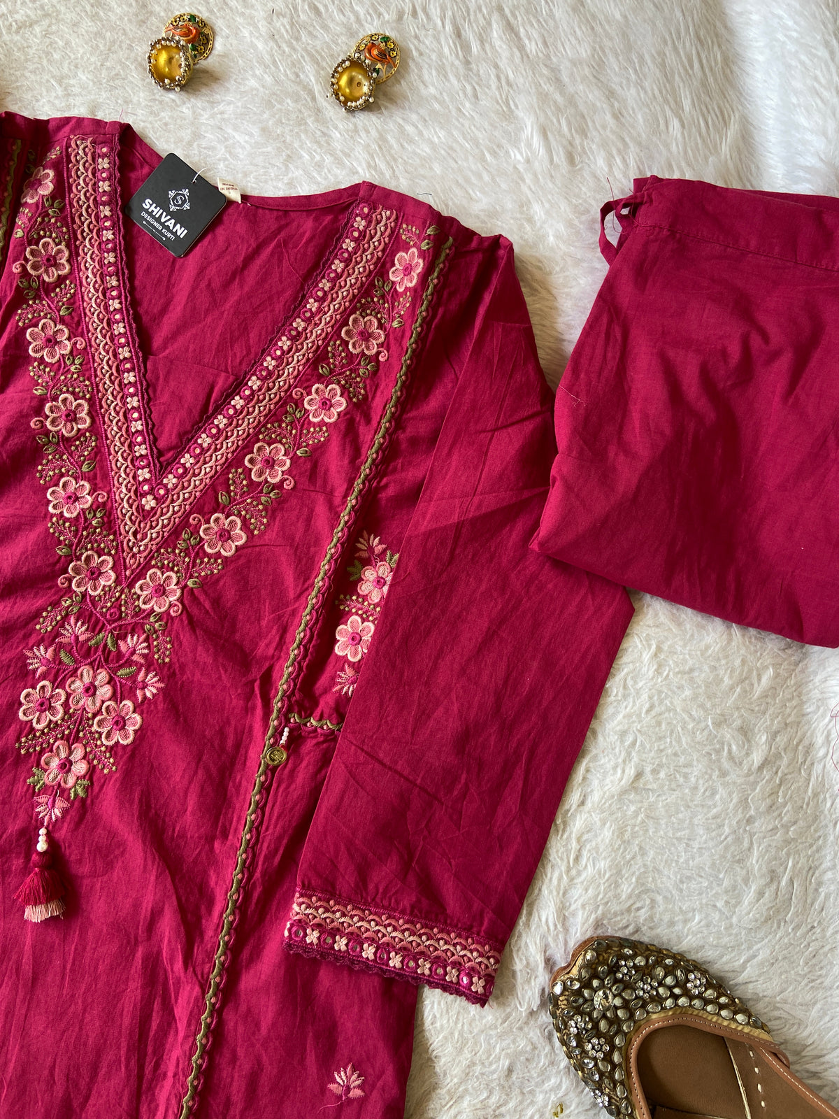 Embroidery Work Cotton Aline Kurti, Pant And Dupatta. Cotton Suit Sets For Women Online India. Shop the Latest Festive Summer Collection at Shivani Designer Kurti.