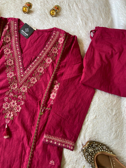 Embroidery Work Cotton Aline Kurti, Pant And Dupatta. Cotton Suit Sets For Women Online India. Shop the Latest Festive Summer Collection at Shivani Designer Kurti.