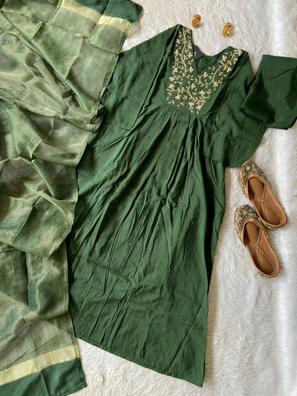 Hand Work Neck, Jamdani Silk Aline Kurti With Palazzo And Dupatta. Silk Suit Sets For Women Online India. Shop the Latest Festive Summer Collection at Shivani Designer Kurti.