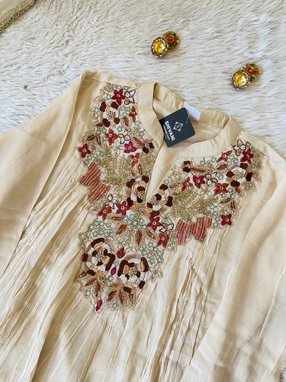Premium Short Kurti Suit. Full Sleeve Chinnon Short Kurti With Full Flair Palazzo And Dupatta. Silk Suit Sets For Women Online India. Shop the Latest Festive Summer Collection at Shivani Designer Kurti.