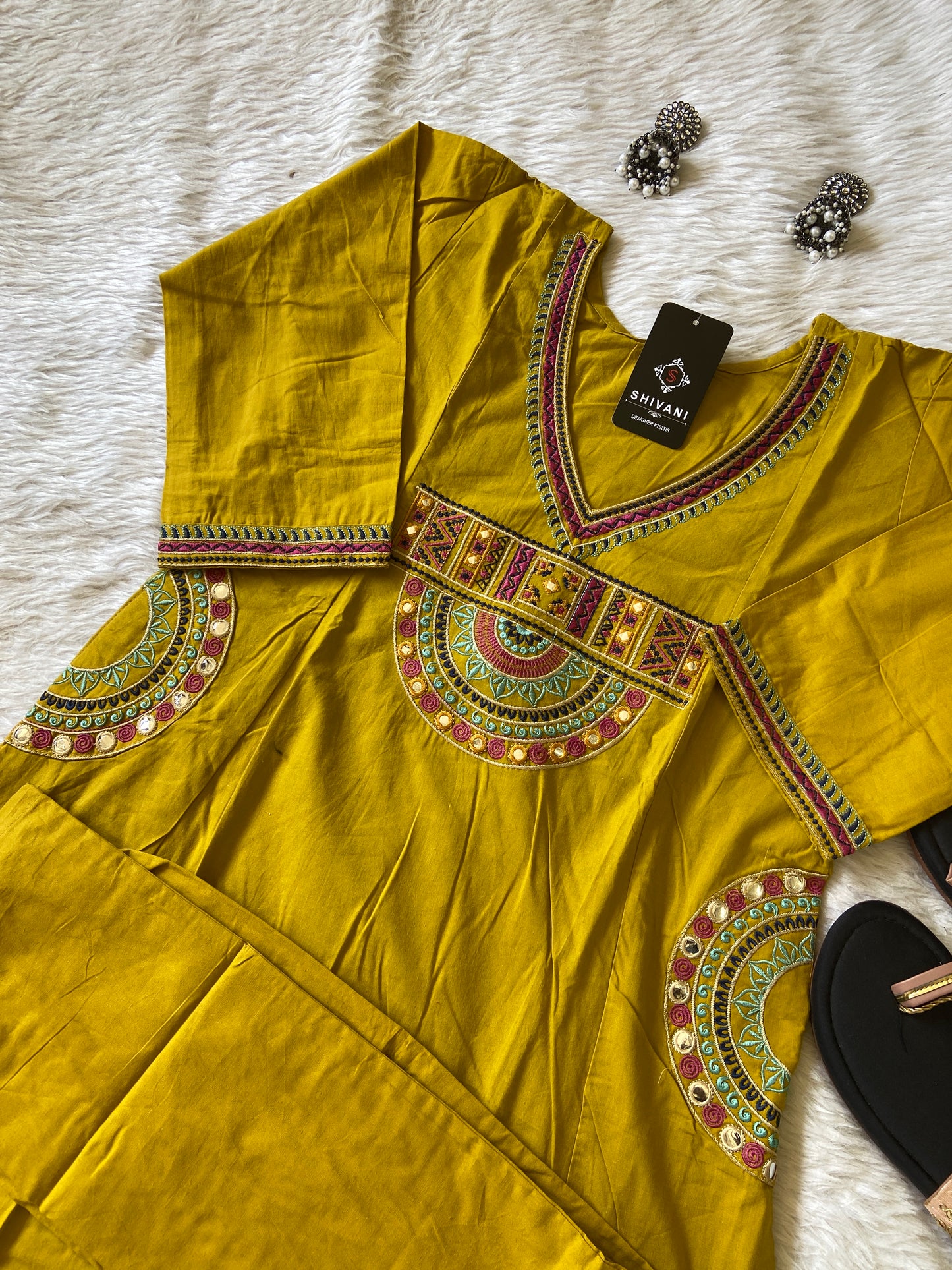 Neck Work And Pocket Work In Aline Kurti, Plain Palazzo. Cotton Aline Kurti Sets For Women