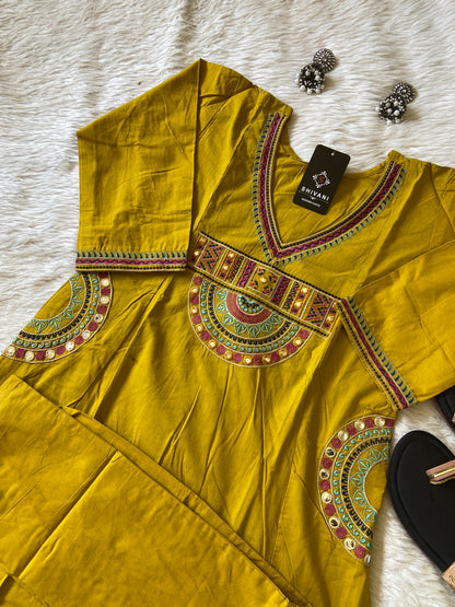 Neck Work And Pocket Work In Aline Kurti, Plain Palazzo. Cotton Aline Kurti Sets For Women