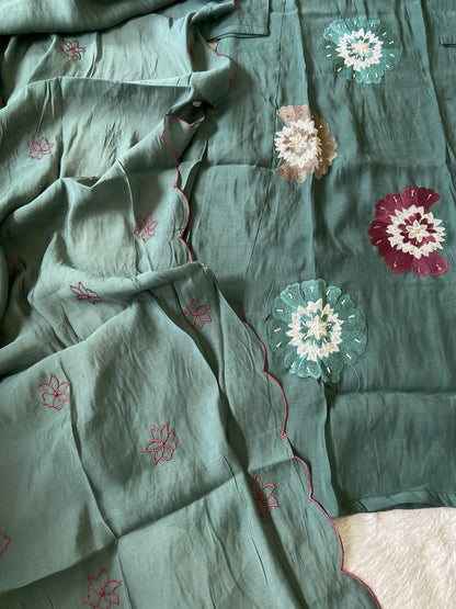 Beautiful Flower Embroidery Work In Aline Kurti With Semi Palazzo And Dupatta. Silk Suit Sets For Women Online India. Shop the Latest Festive Summer Collection at Shivani Designer Kurti.