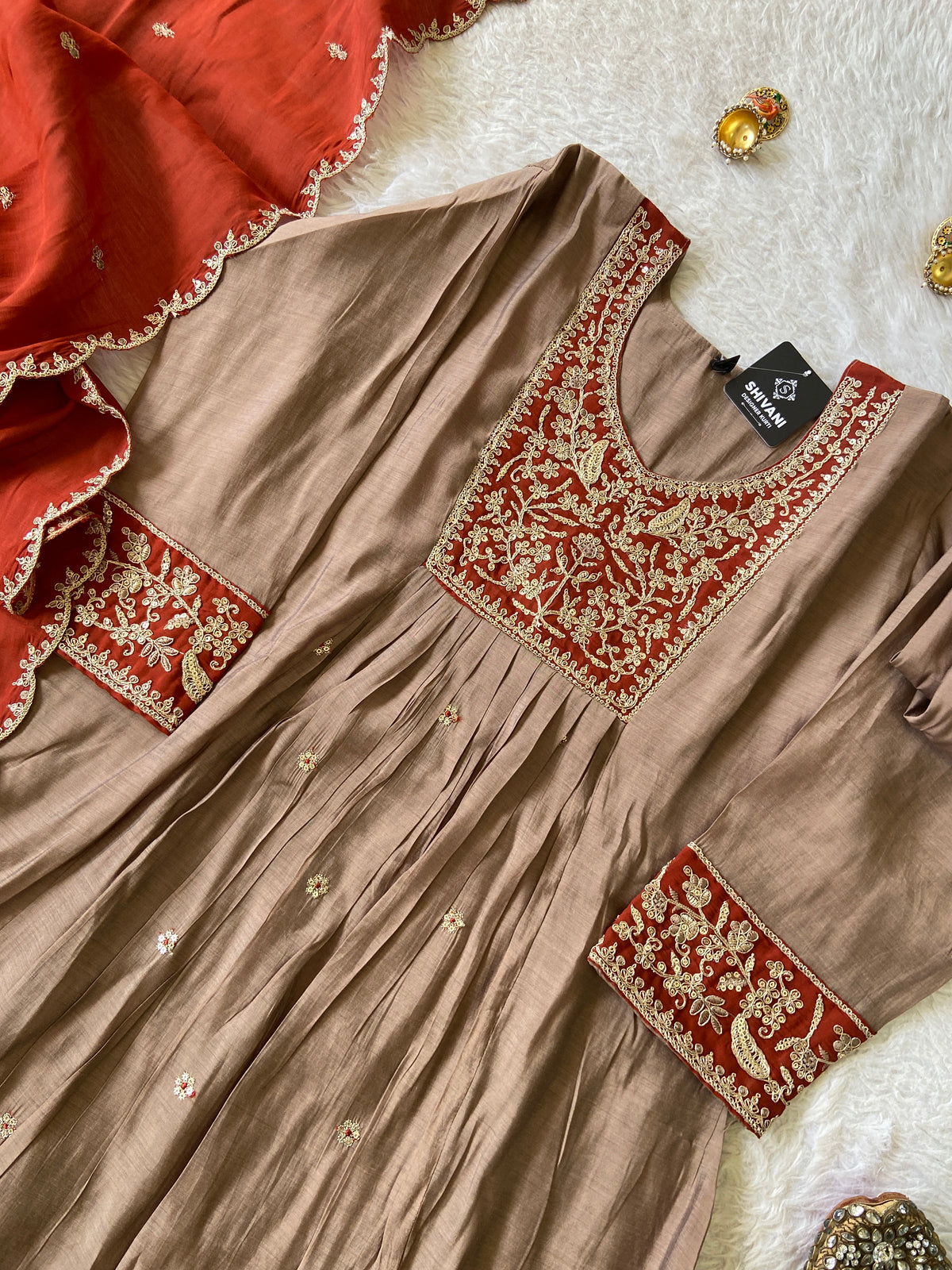 Beautiful Work In Neck, Aline Kurti With Semi Palazzo And Dupatta. Silk Suit Sets For Women Online India. Shop the Latest Festive Summer Collection at Shivani Designer Kurti.