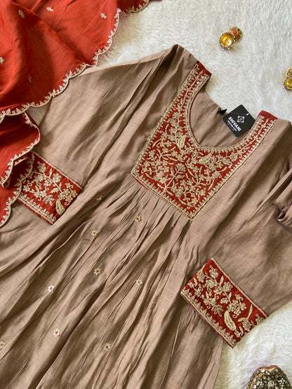 Beautiful Work In Neck, Aline Kurti With Semi Palazzo And Dupatta. Silk Suit Sets For Women Online India. Shop the Latest Festive Summer Collection at Shivani Designer Kurti.