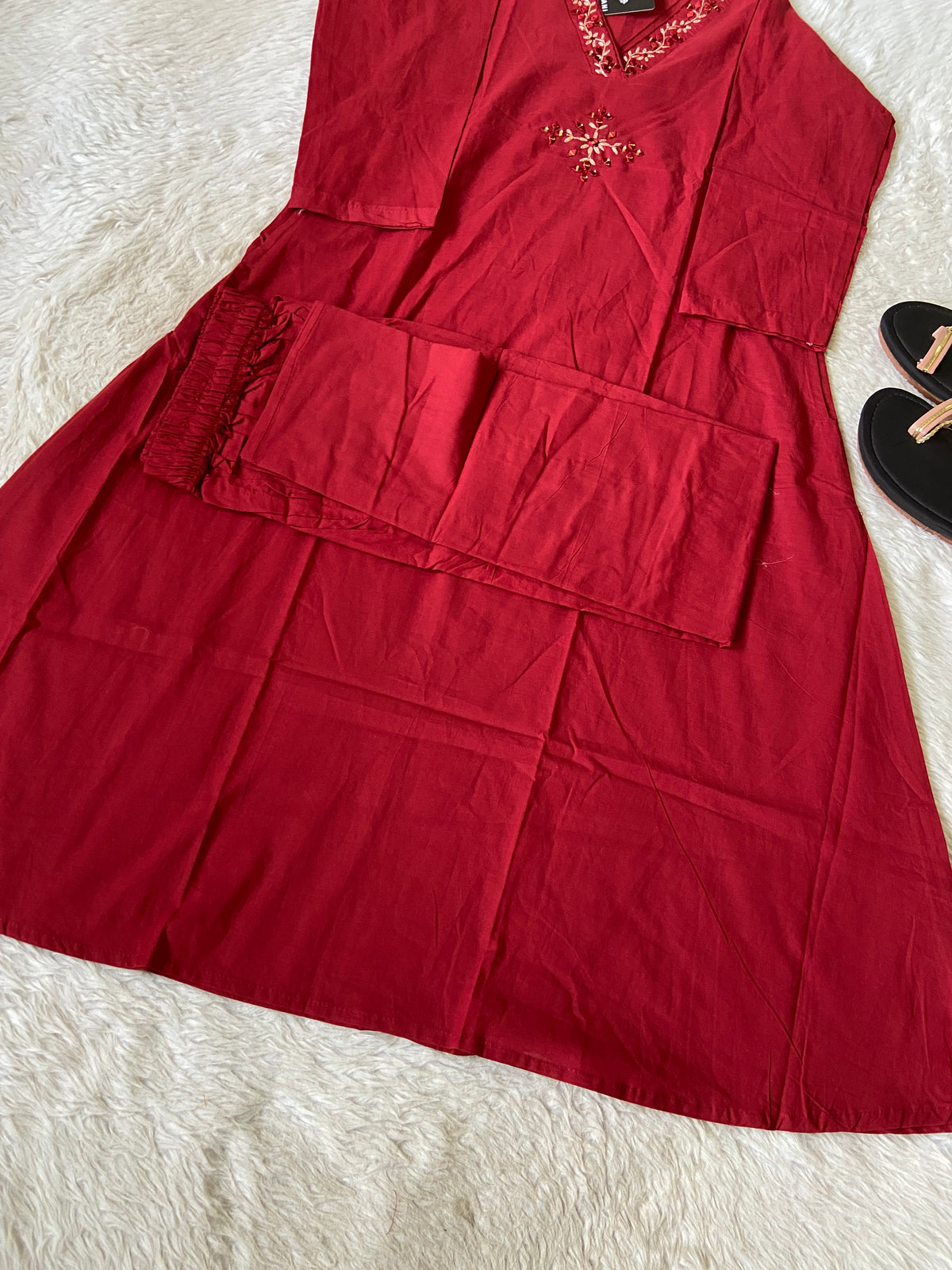 V-Neck Golden Work Cotton Aline Kurti And Palazzo. Cotton Aline Kurti Sets For Women Online India. Shop the Latest Festive Summer Collection at Shivani Designer Kurti. (Copy)