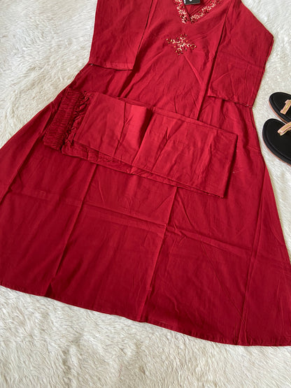 V-Neck Golden Work Cotton Aline Kurti And Palazzo. Cotton Aline Kurti Sets For Women Online India. Shop the Latest Festive Summer Collection at Shivani Designer Kurti. (Copy)