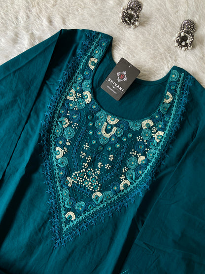 Handwork in Neck Cotton Straight Kurti With Palazzo. Cotton Straight Kurti Sets For Women Online India. Shop the Latest Festive Summer Collection at Shivani Designer Kurti.