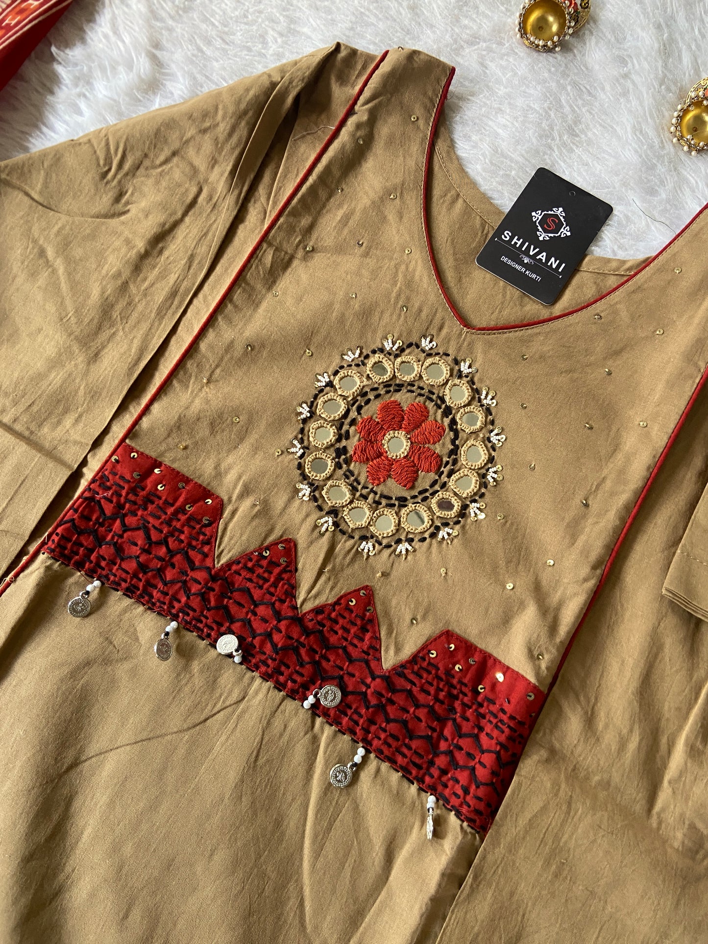Cotton Hand Work Aline Kurti With Palazzo And Print Dupatta (Gamthi Pair). Cotton Suit Sets For Women Online India. Shop the Latest Festive Summer Collection at Shivani Designer Kurti.