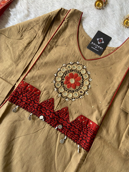 Cotton Hand Work Aline Kurti With Palazzo And Print Dupatta (Gamthi Pair). Cotton Suit Sets For Women Online India. Shop the Latest Festive Summer Collection at Shivani Designer Kurti.