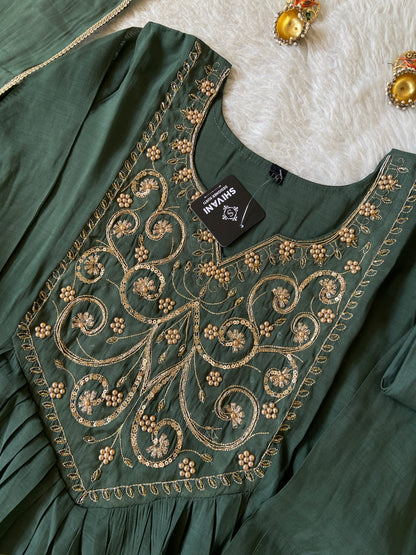Embroidery Work Mul Chanderi ALine Kurti With Semi Palazzo And Dupatta. Silk Suit Sets For Women Online India. Shop the Latest Festive Summer Collection at Shivani Designer Kurti.