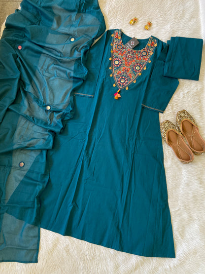 Embroidery Work Cotton Aline Kurti, Pant And Dupatta. Cotton Suit Sets For Women Online India. Shop the Latest Festive Summer Collection at Shivani Designer Kurti.