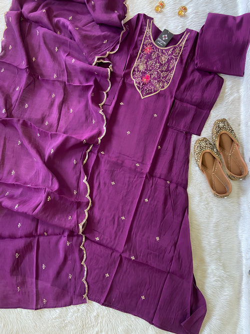 Embroidery Work In Neck, Aline Kurti, Palazzo, Dupatta. Mul Chanderi Aline Silk Suit Sets For Women