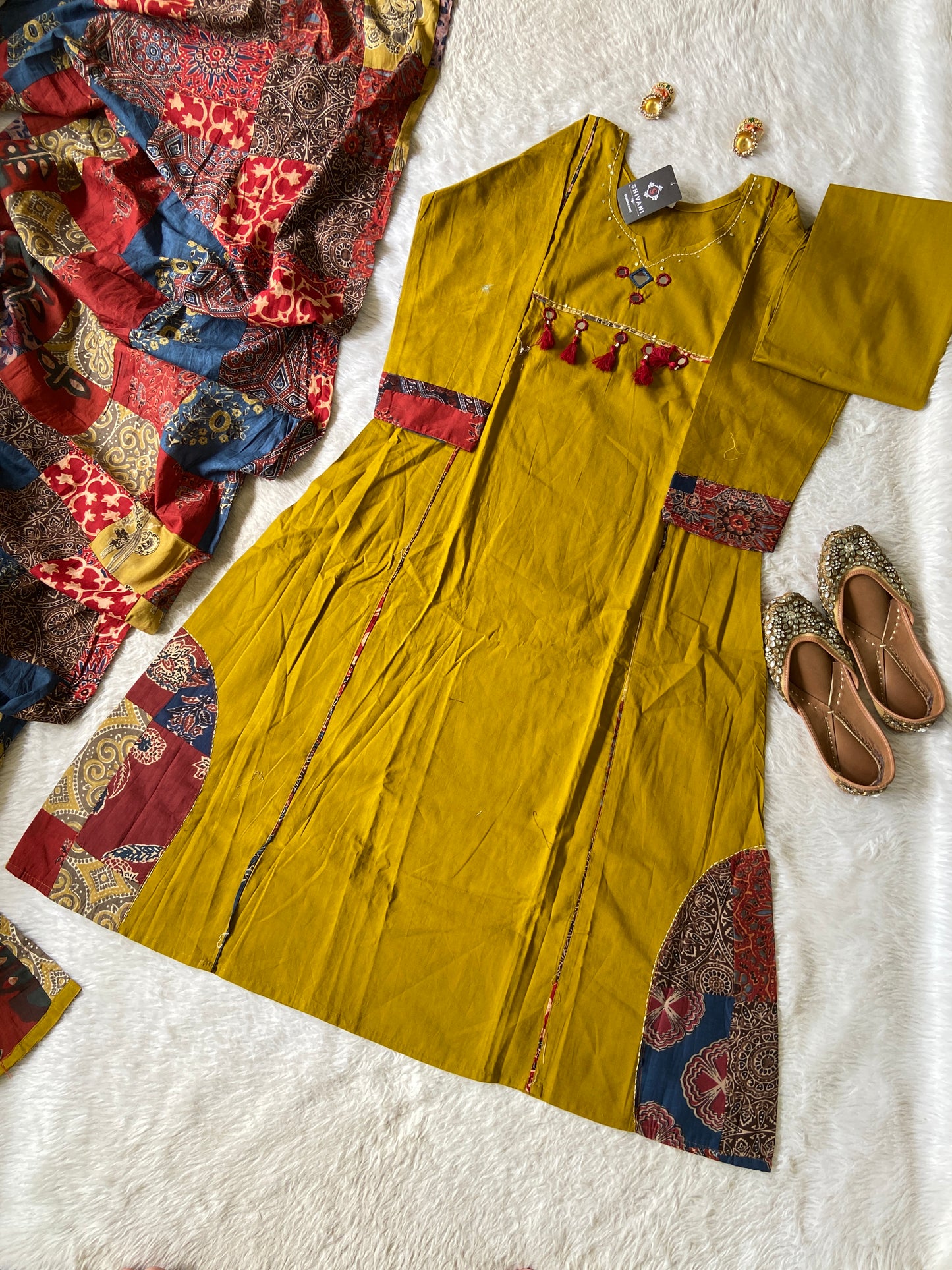 Cotton Hand Work Aline Kurti With Palazzo And Dupatta (Gamthi Pair). Cotton Suit Sets For Women Online India. Shop the Latest Festive Summer Collection at Shivani Designer Kurti.