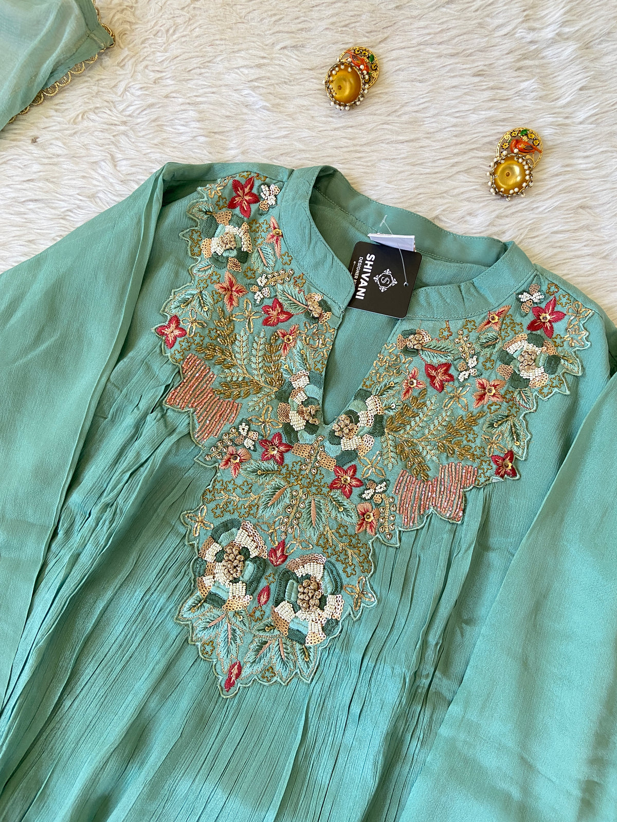 Premium Short Kurti Suit. Full Sleeve Chinnon Short Kurti With Full Flair Palazzo And Dupatta. Silk Suit Sets For Women Online India. Shop the Latest Festive Summer Collection at Shivani Designer Kurti.