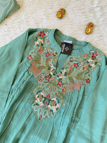 Premium Short Kurti Suit. Full Sleeve Chinnon Short Kurti With Full Flair Palazzo And Dupatta. Silk Suit Sets For Women Online India. Shop the Latest Festive Summer Collection at Shivani Designer Kurti.