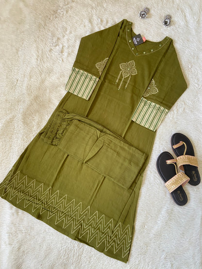 Mirror Work With Block Print Cotton Aline Kurti With Palazzo. Cotton Kurti Sets For Women Online India. Shop the Latest Festive Summer Collection at Shivani Designer Kurti.