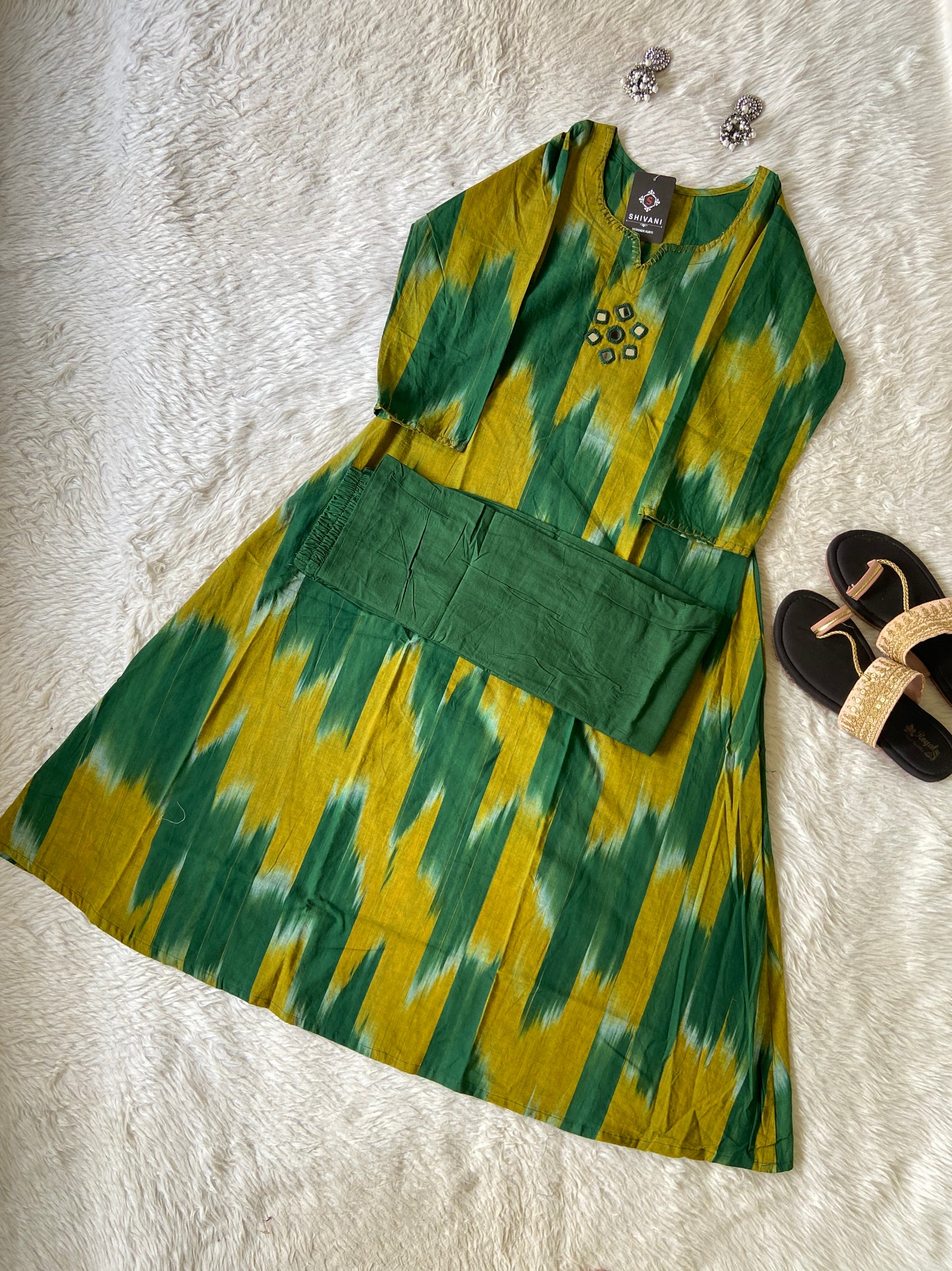 Ikkat Print Cotton Aline Kurti With Palazzo. Cotton Aline Kurti Sets For Women Online India. Shop the Latest Festive Summer Collection at Shivani Designer Kurti.