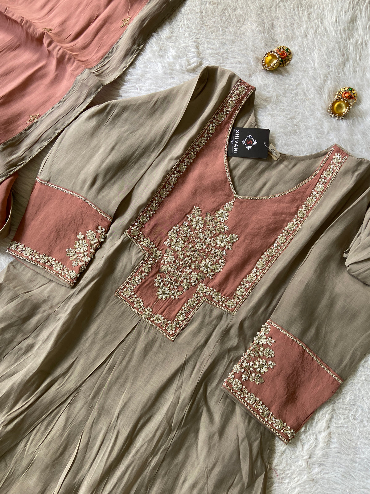 Premium Work, Silk Aline Kurti With Semi Palazzo And Dupatta. Silk Suit Sets For Women Online India. Shop the Latest Festive Summer Collection at Shivani Designer Kurti.