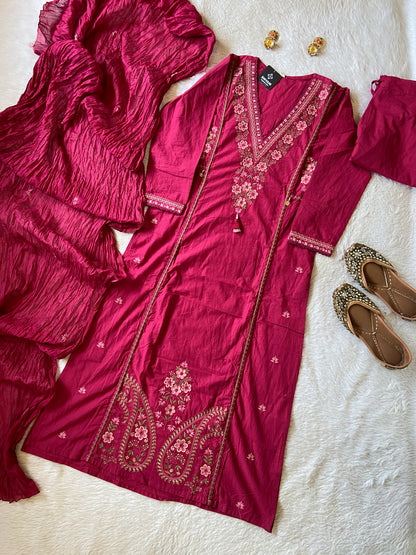 Embroidery Work Cotton Aline Kurti, Pant And Dupatta. Cotton Suit Sets For Women Online India. Shop the Latest Festive Summer Collection at Shivani Designer Kurti.