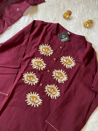 Flower Embroidery Work Cotton Straight Kurti, Pant And Dupatta. Cotton Suit Sets For Women Online India. Shop the Latest Festive Summer Collection at Shivani Designer Kurti.