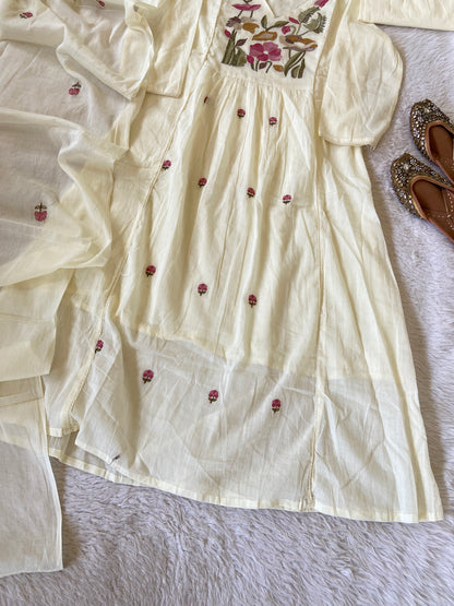 Flower Embroidery Work Cotton Aline Kurti, Pant And Dupatta. Cotton Suit Sets For Women Online India. Shop the Latest Festive Summer Collection at Shivani Designer Kurti.