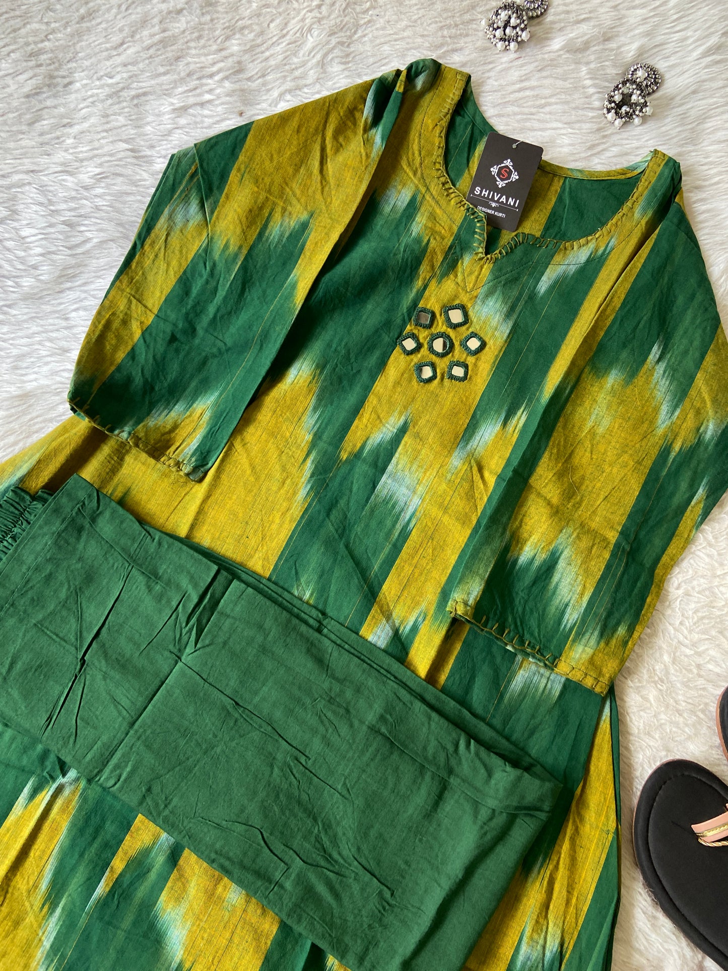 Ikkat Print Cotton Aline Kurti With Palazzo. Cotton Aline Kurti Sets For Women Online India. Shop the Latest Festive Summer Collection at Shivani Designer Kurti.