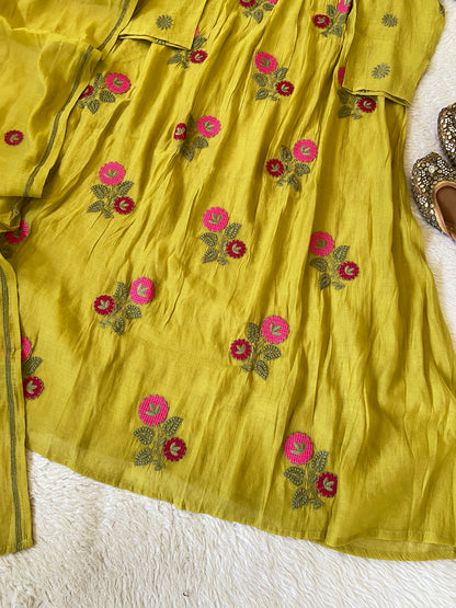 Flower Embroidery Work Coral Silk Aline Kurti With Palazzo And Dupatta. Silk Suit Sets For Women Online India. Shop the Latest Festive Summer Collection at Shivani Designer Kurti.