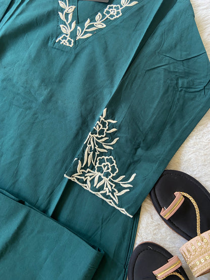 Flower Embroidery Work Cotton Aline Kurti With Palazzo. Cotton Kurti Sets For Women Online India. Shop the Latest Festive Summer Collection at Shivani Designer Kurti.