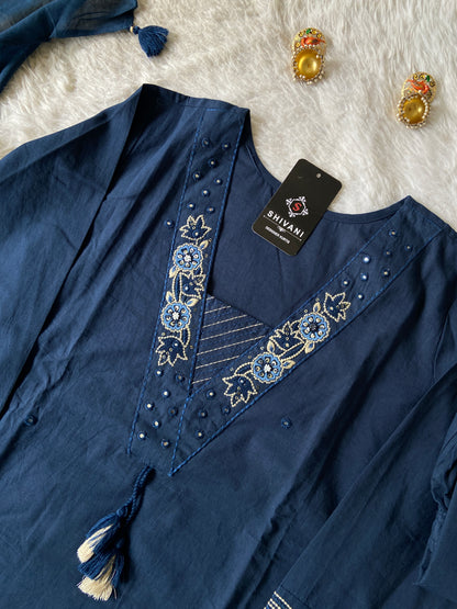 V-neck Style Embroidery Work Cotton Straight Kurtis With Palazzo And Dupatta.. Cotton Suit Sets For Women Online India. Shop the Latest Festive Summer Collection at Shivani Designer Kurti.