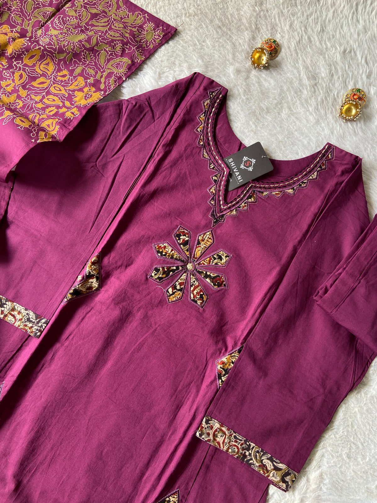 Aplic Work Cotton Aline Kurti, Palazzo And Block Printed Dupatta (Gamthi Pair). Cotton Suit Sets For Women Online India. Shop the Latest Festive Summer Collection at Shivani Designer Kurti.