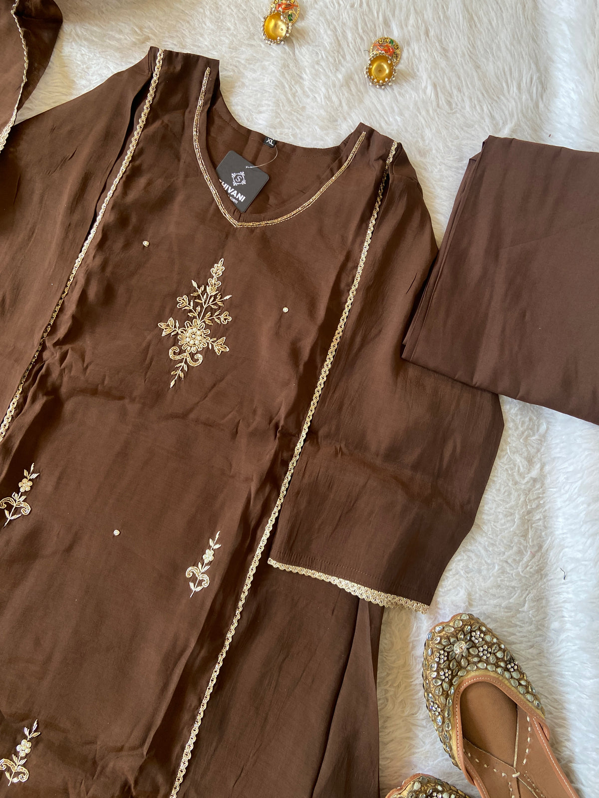 HandWork Work Mul Chanderi ALine Kurti With Semi Palazzo And Dupatta. Silk Suit Sets For Women Online India. Shop the Latest Festive Summer Collection at Shivani Designer Kurti.