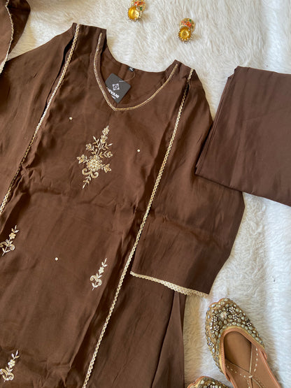 HandWork Work Mul Chanderi ALine Kurti With Semi Palazzo And Dupatta. Silk Suit Sets For Women Online India. Shop the Latest Festive Summer Collection at Shivani Designer Kurti.